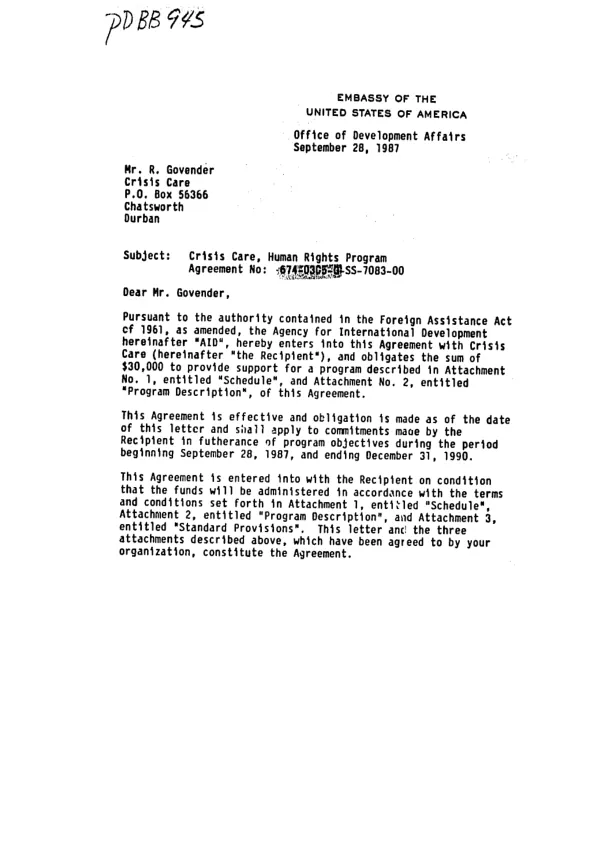 AID agreement no. 674-0305-G-SS-7083-00 with Crisis Care for a human rights program
