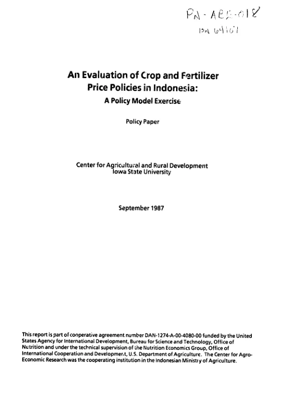 Evaluation of crop and fertilizer price policies in Indonesia : a policy model exercise -- policy paper