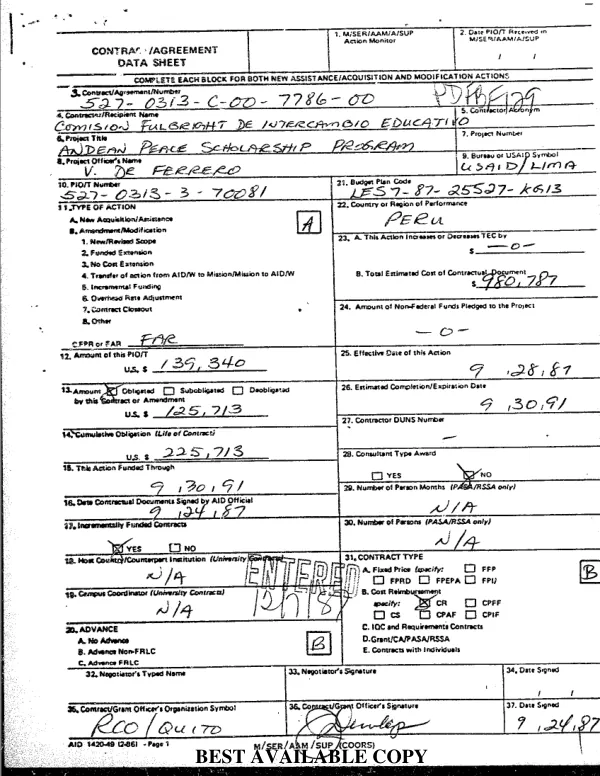 AID contract no. 527-0313-C-00-7786-00 to the Comision Fulbright de Intercambio Educativo for the Andean peace scholarship program