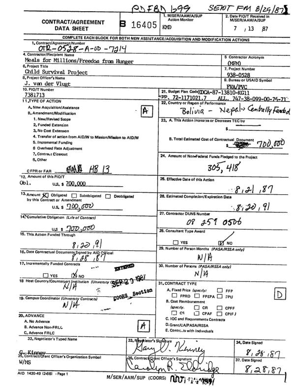 Cooperative agreement no. OTR-0528-A-00-7214-00 to Meals for Millions