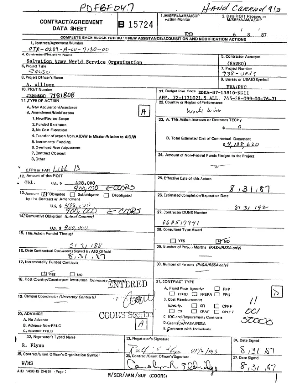 Cooperative agreement no. OTR-0289-A-00-7130-00 to the Salvation Army