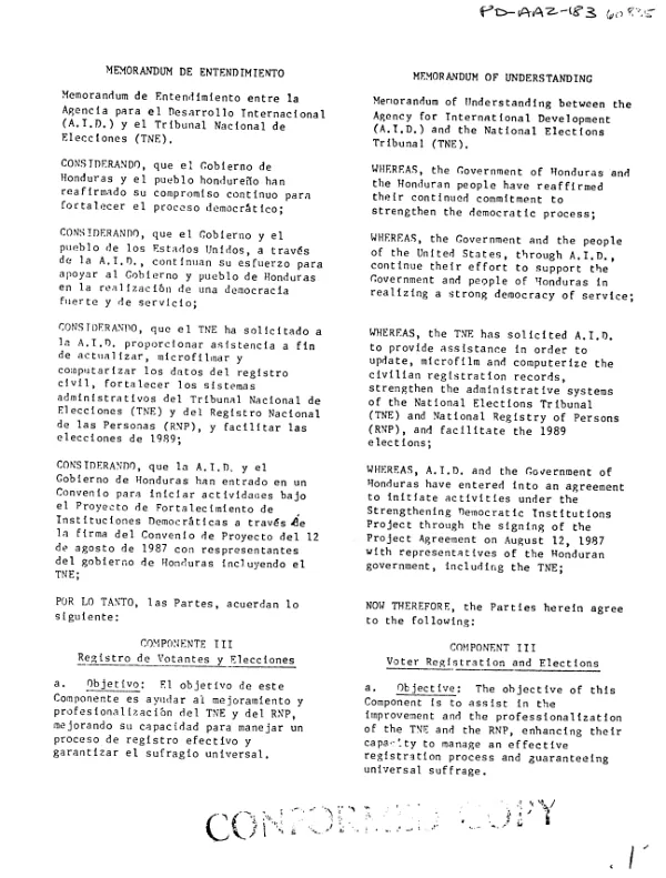Memorandum of understanding between the Agency for International Development (AID) and the National Elections Tribunal (TNE)