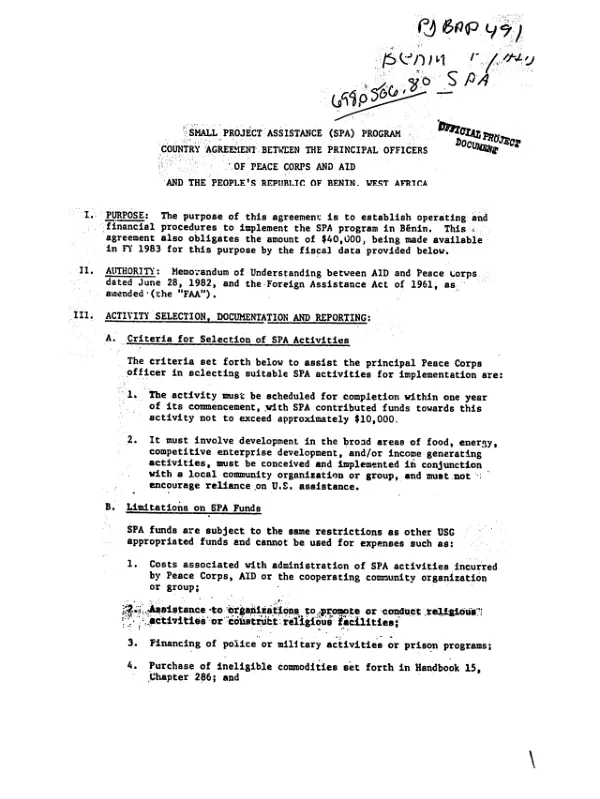 Small project assistance (SPA) program, country agreement between the principal officers of Peace Corps and AID and the People"s Republic of Benin, West Africa