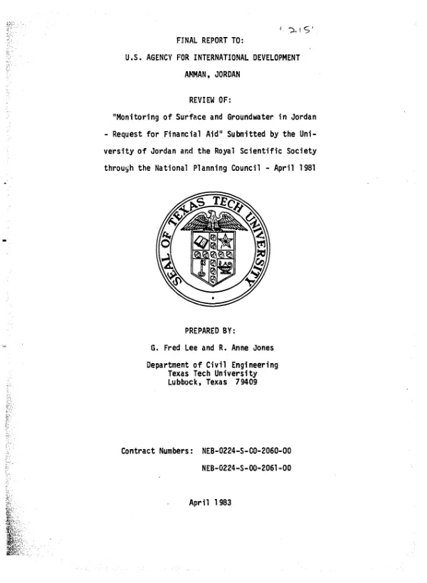 Review of : `monitoring of surface and groundwater in Jordan - request for financial aid" submitted by the University of Jordan and the Royal Scientific Society through the National Planning Council - April 1981