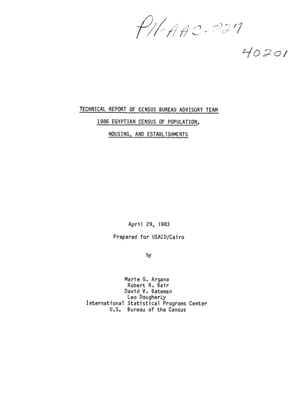 Technical report of Census Bureau advisory team : 1986 Egyptian census of population, housing, and establishments