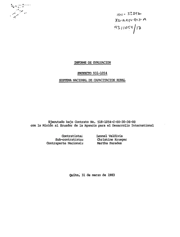 Informe de evaluacion proyecto 931-1054 : sistema nacional de capacitacion rural