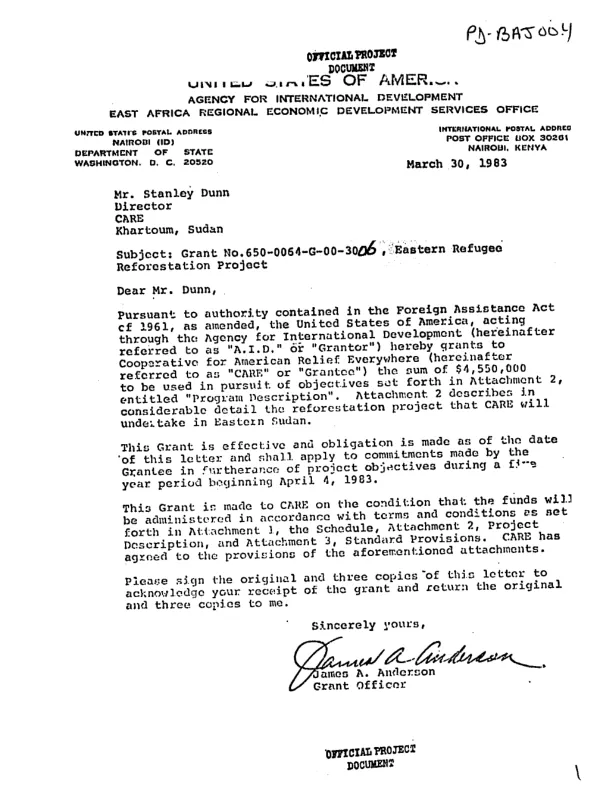 Grant no. 650-0064-G-00-3006, Eastern refugee reforestation project between AID and CARE