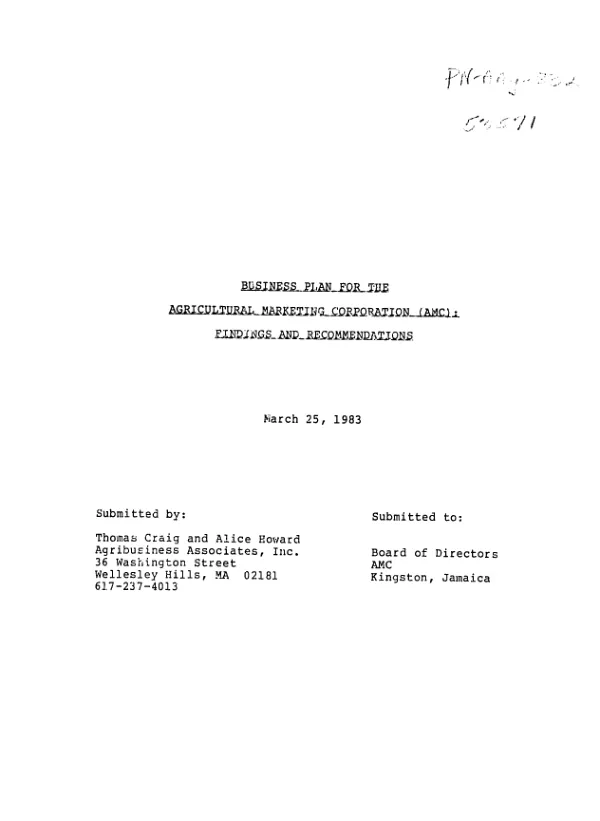 Business plan for the Agricultural Marketing Corporation (AMC) : findings and recommendations