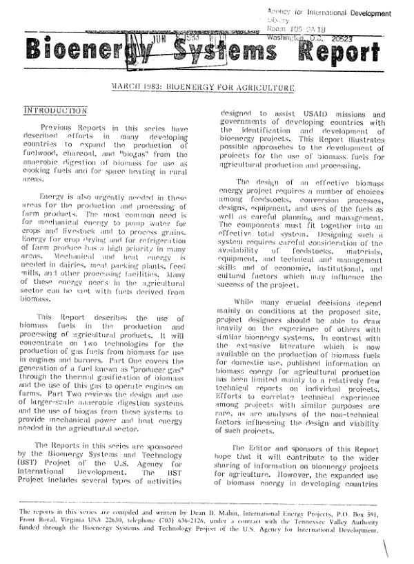 March 1983 : bioenergy for agriculture