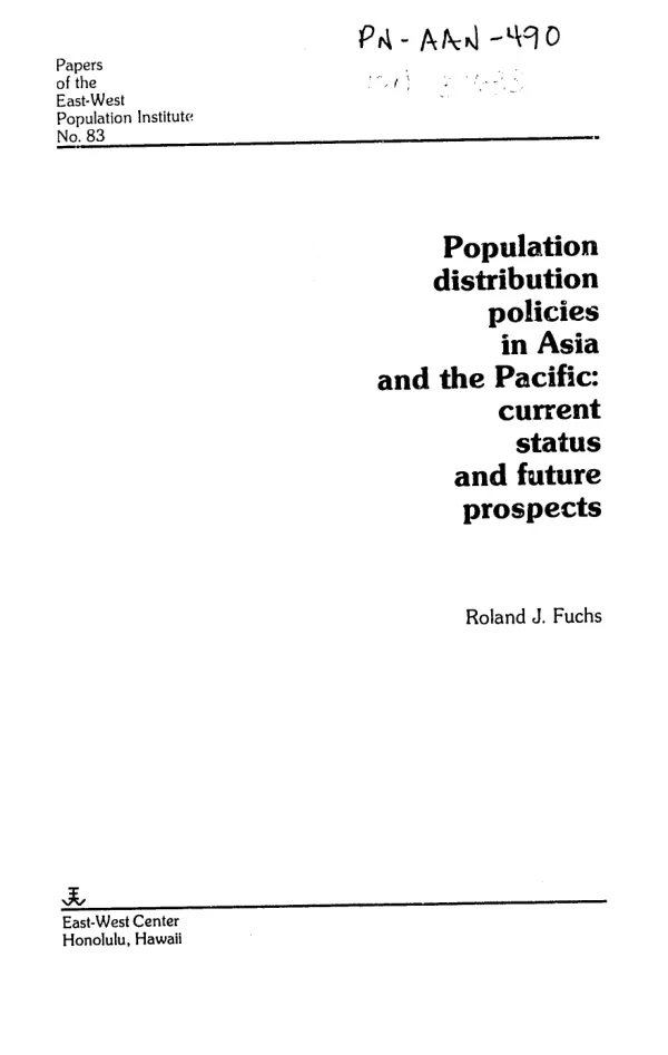 Population distribution policies in Asia and the Pacific : current status and future prospects