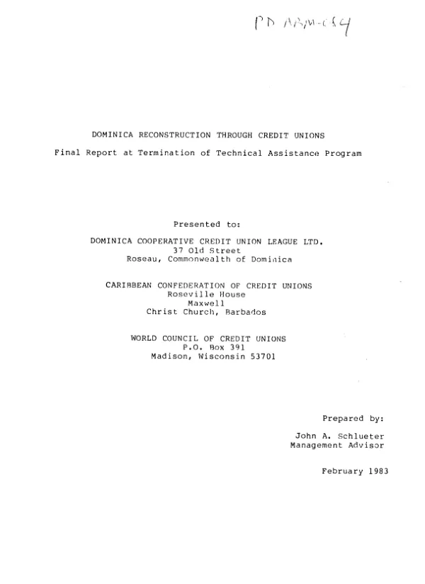 Dominica reconstruction through credit unions : final report at termination of technical assistance program