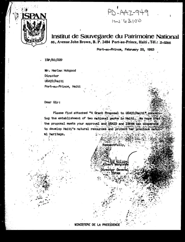 Grant proposal to USAID/Haiti by Institut de Sauvegarde du Patrimoine National (ISPAN) [for the establishment of two national parks in Haiti]
