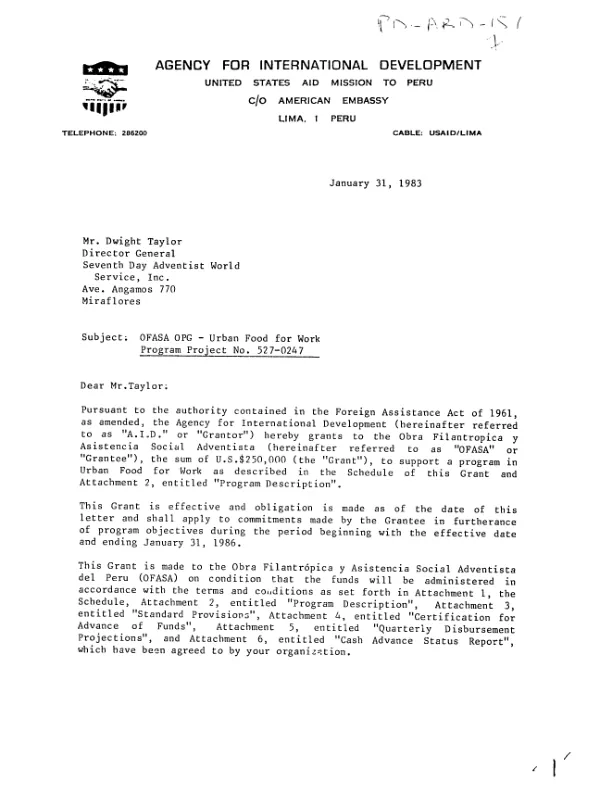 AID grant to the Seventh Day Adventist World Service, Inc. for the OFASA OPG urban food for work program project no. 527-0247