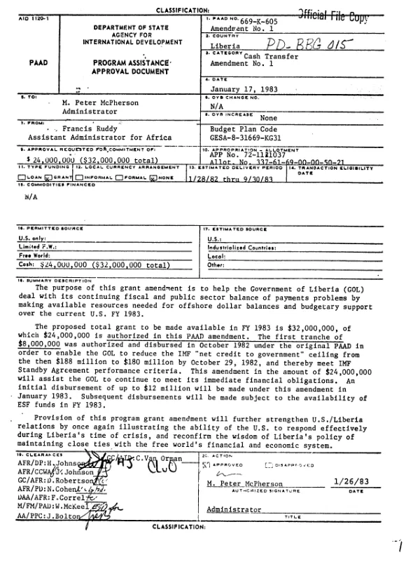 Liberia cash transfer : amendment no. 1