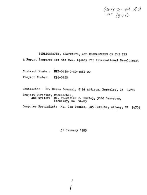 Bibliography, abstracts, and researchers on the YAR : a report prepared for the US Agency for International Development