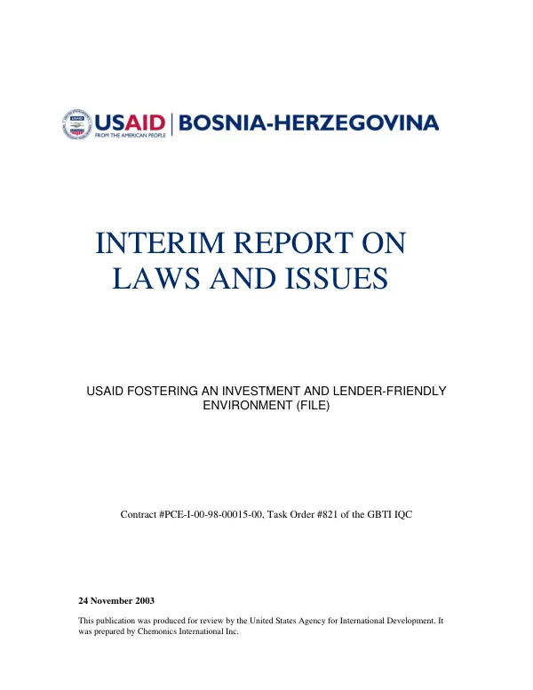 BiH new bankruptcy and liquidation laws : program for bankruptcy pilot cases -- interim report on laws and issues