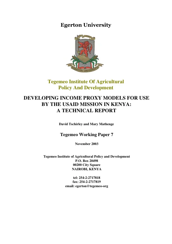 Developing income proxy models for use by USAID mission in Kenya : a technical report