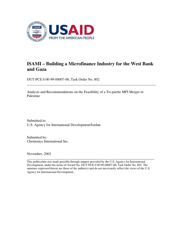 Analysis and recommendations on the feasibility of a tri-partite MFI merger in Palestine