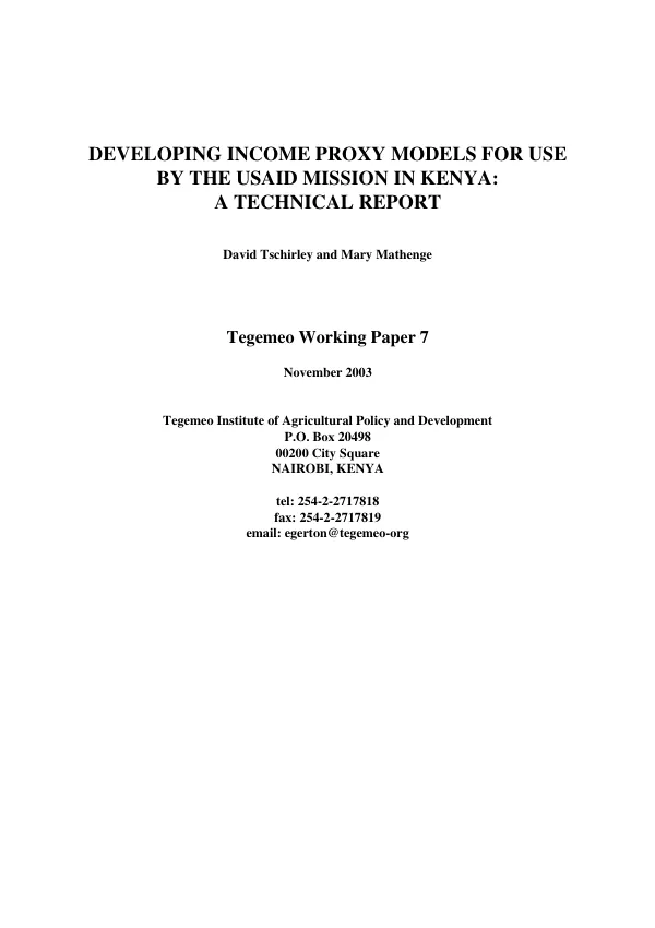 Developing income proxy models for use by the USAID mission in Kenya : a technical report