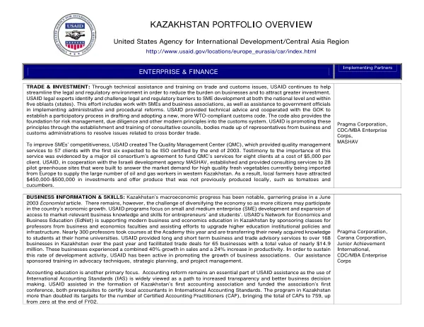 Kazakhstan portfolio overview