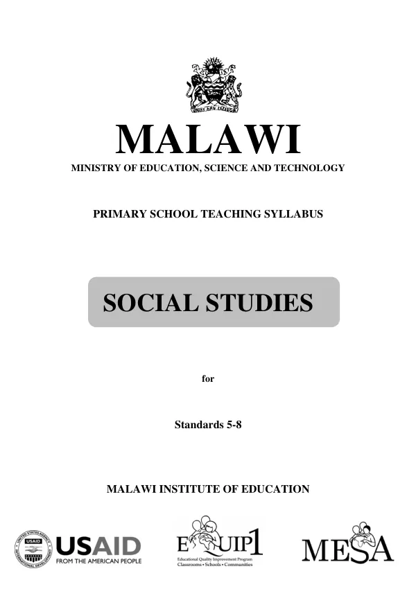 Malawi, Ministry of Education, Science and Technology : primary school teaching syllabus -- social studies for standards 5-8