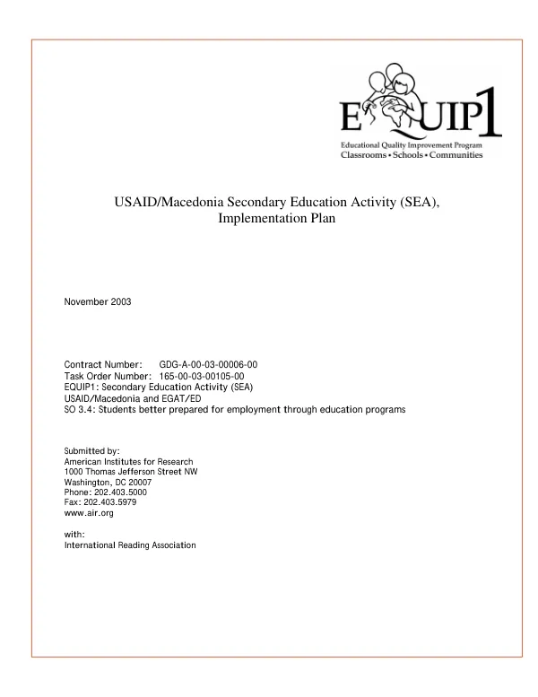 USAID/Macedonia secondary education activity (SEA), implementation plan