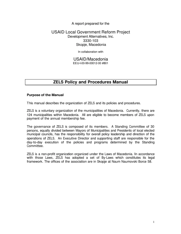ZELS [Association of the Units of Local Government of the Republic of Macedonia] policy and procedures manual