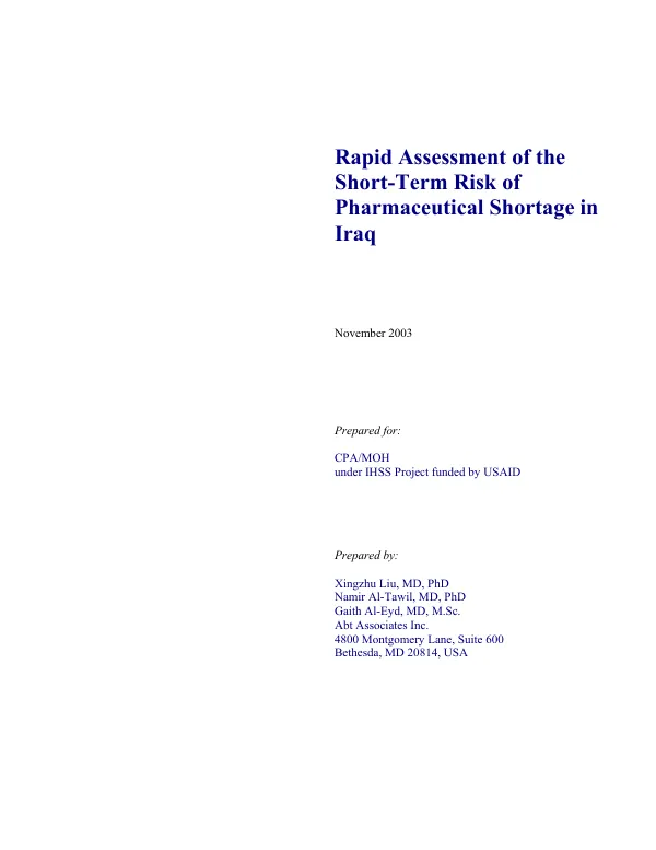 Rapid assessment of the short-term risk of pharmaceutical shortage in Iraq