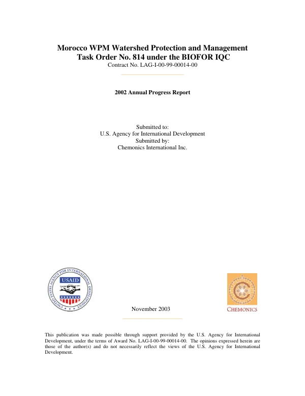 Morocco WPM watershed protection and management : task order no. 814 under the BIOFOR IQC -- contract no. LAG-I-00-99-00014-00 : 2002 annual progress report