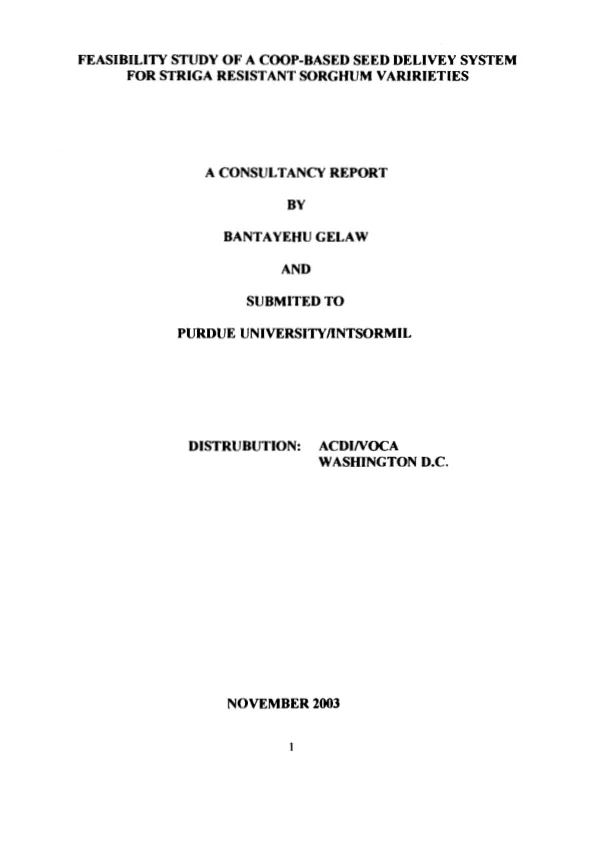 Feasibility study of a coop-based seed delivey [i.e. delivery] system for striga resistant sorghum varirieties [i.e. varieties]