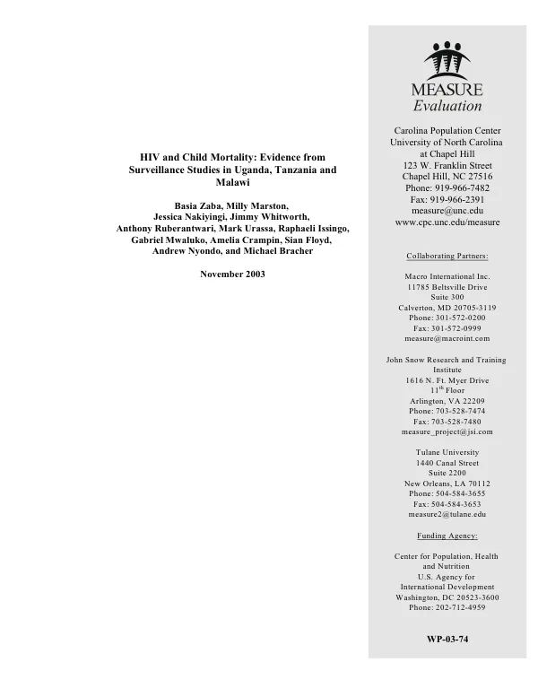 HIV and child mortality : evidence from surveillance studies in Uganda, Tanzania and Malawi
