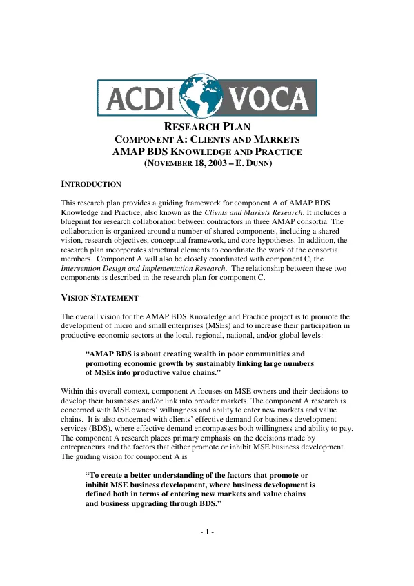 Research plan : component A -- clients and markets : AMAP BDS [accelerated microenterprise advancement project/business development services] knowledge and practice [K&P]
