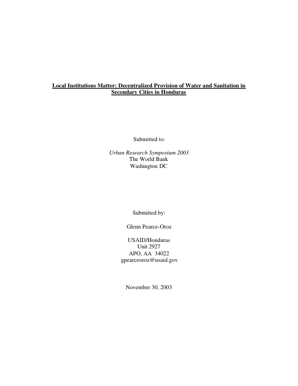 Local institutions matter : decentralized provision of water and sanitation in secondary cities in Honduras