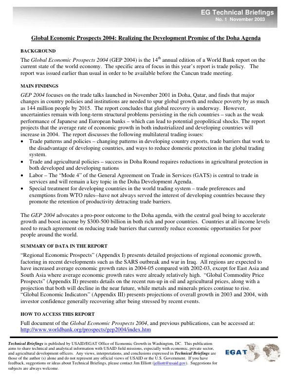 Global economic prospects [GEP] 2004 : realizing the development promise of the Doha agenda