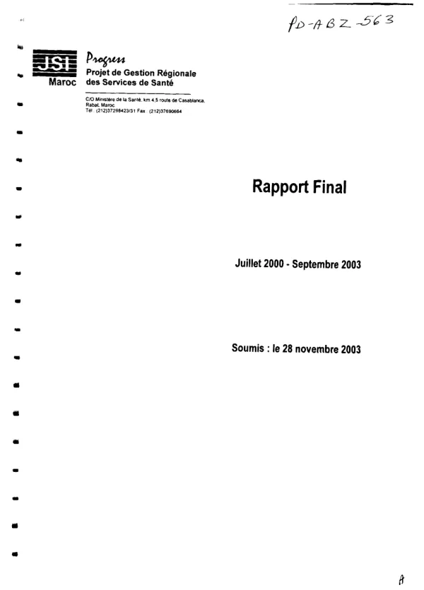 PROGRESS (projet de gestion regionale des services de sante) : rapport final, Juillet 2000-Septembre 2003