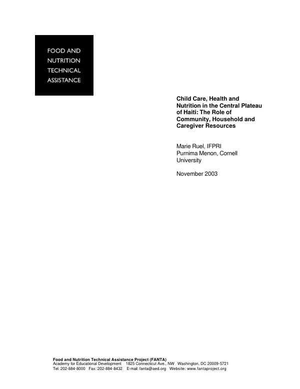 Child care, health and nutrition in the Central Plateau of Haiti : the role of community, household and caregiver resources