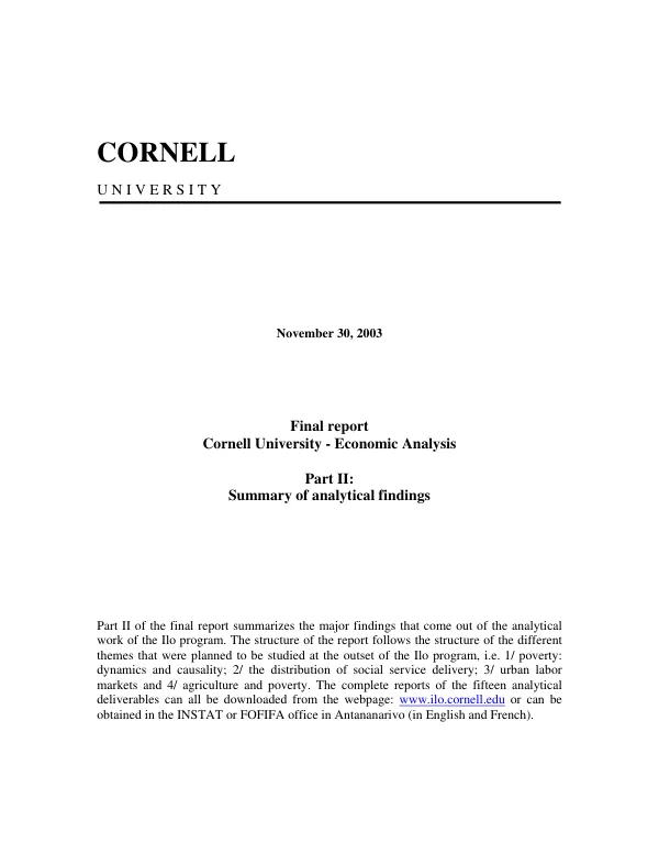 Final report : Cornell University -- economic analysis : part II -- summary of analytical findings