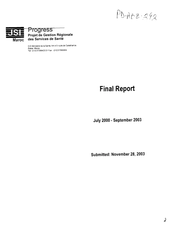 PROGRESS (projet de gestion regionale des services de sante) : final report, July 2000-September 2003
