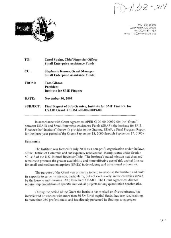Final report of sub-grantee, Institute for SME [Small and Medium Enterprise] Finance for USAID grant #PER-G-00-00-00019-00 : [final program report for the three-year period of the grant (September 18, 2000 through September 17, 2003)]