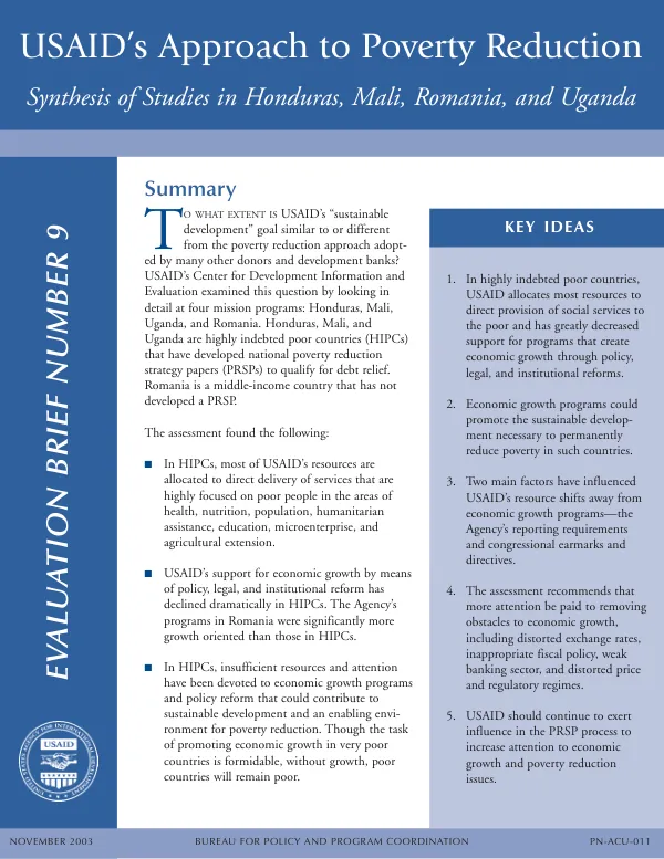 USAID"s approach to poverty reduction : synthesis of studies in Honduras, Mali, Romania, and Uganda