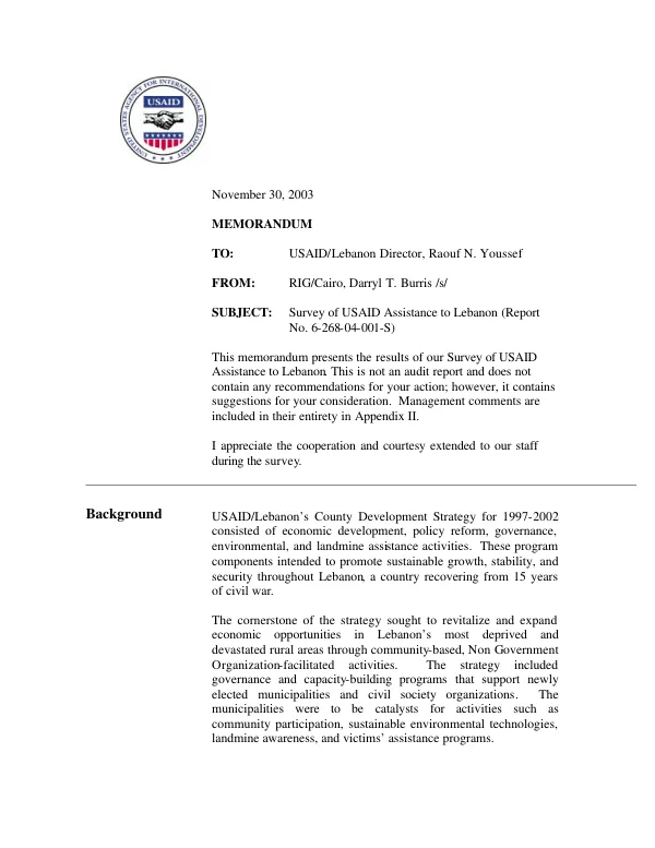Memorandum : survey of USAID assistance to Lebanon (report no. 6-268-04-001-S)