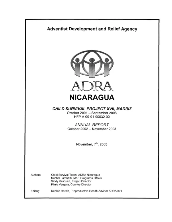 Adventist Development and Relief Agency (ADRA) : Nicaragua -- child survival project XVII, Madriz : HFP-A-00-01-00032-00 -- annual report, October 2003-September 2003