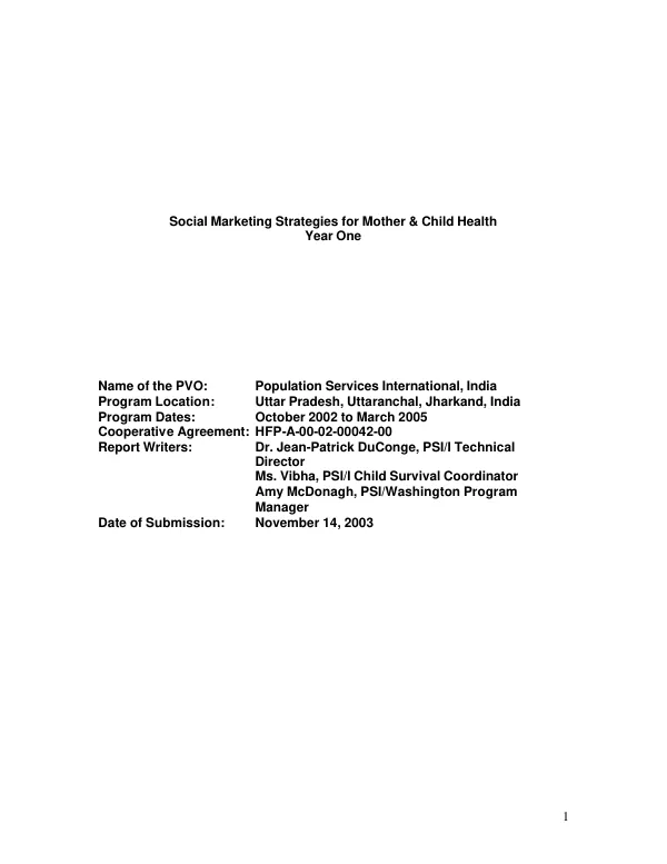 Social marketing strategies for mother & child health [SMS-MCH] : year one