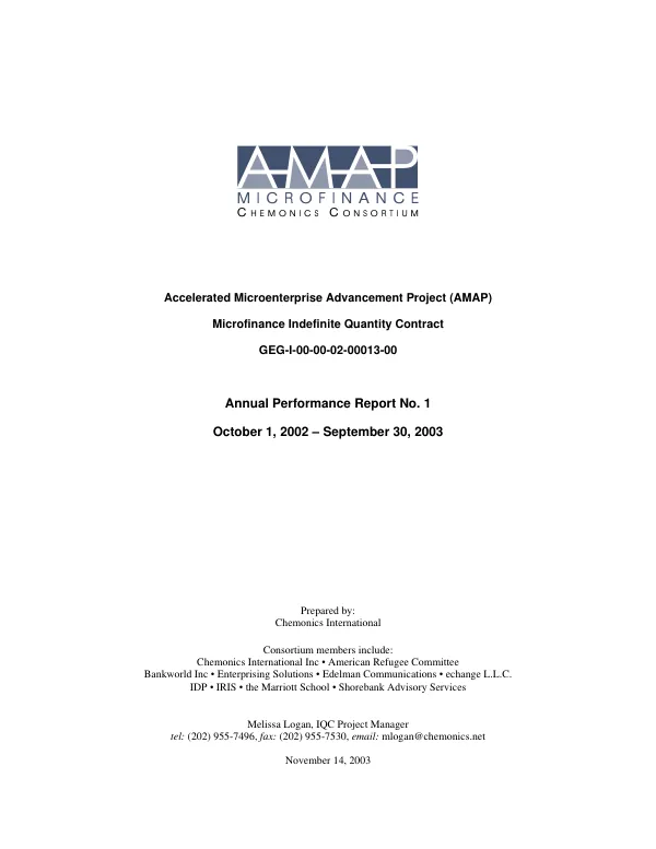 Accelerated microenterprise advancement project (AMAP), microfinance indefinite quantity contract [IQC] : [contract number] GEG-I-00-00-02-00013-00 [i.e. GEG-I-00-02-00013-00] -- annual performance report no. 1, October 1, 2002-September 30, 2003