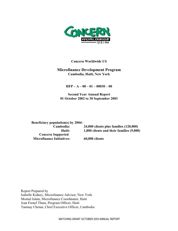 Concern Worldwide US : microfinance development program, Cambodia, Haiti, New York -- HFP-A-00-01-00030-00 : second year annual report, 01 October 2002 to 30 September 2003