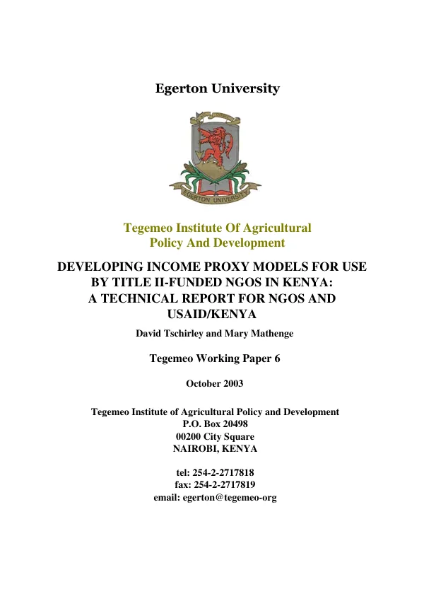 Developing income proxy models for use by Title II-funded NGOs in Kenya : a technical report for NGOs and USAID/Kenya