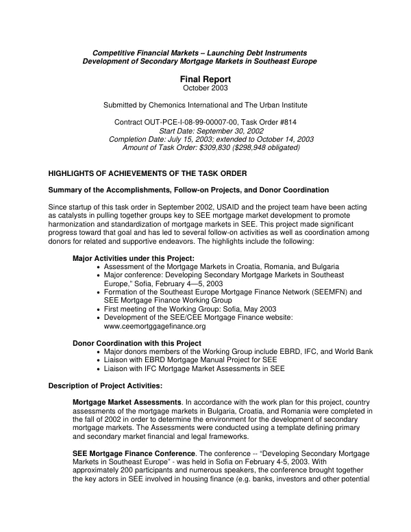 Competitive financial markets - launching debt instruments : development of secondary mortgage markets in Southeast Europe -- final report