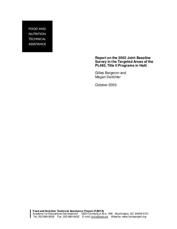 Report on the 2002 joint baseline survey in the targeted areas of the PL480 Title II programs in Haiti