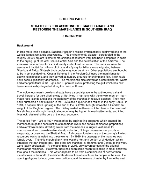 Briefing paper : strategies for assisting the marsh Arabs and restoring the marshlands in southern Iraq