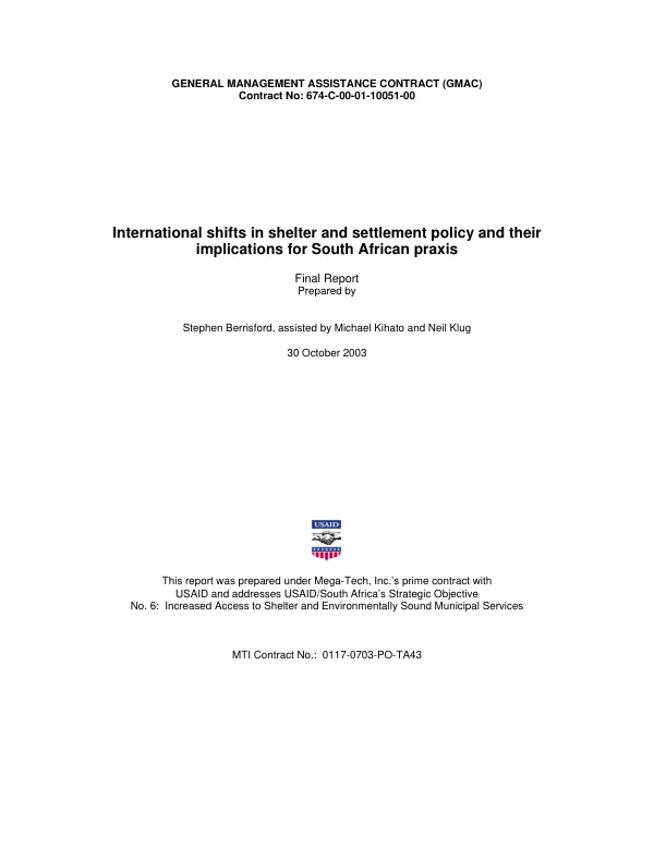 International shifts in shelter and settlement policy and their implications for South Africa praxis